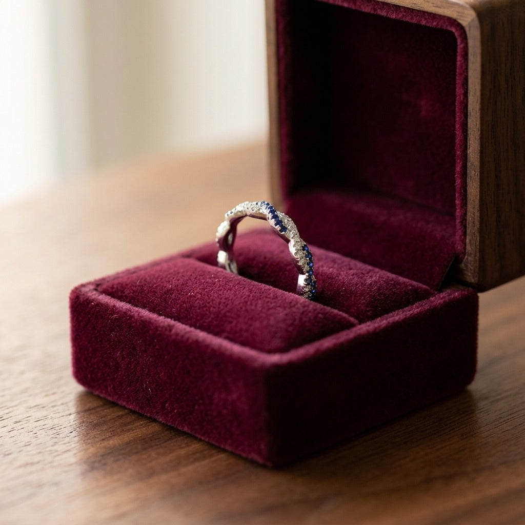 Sapphire and Diamond Twist Eternity Band in 18k White Gold — velvet box