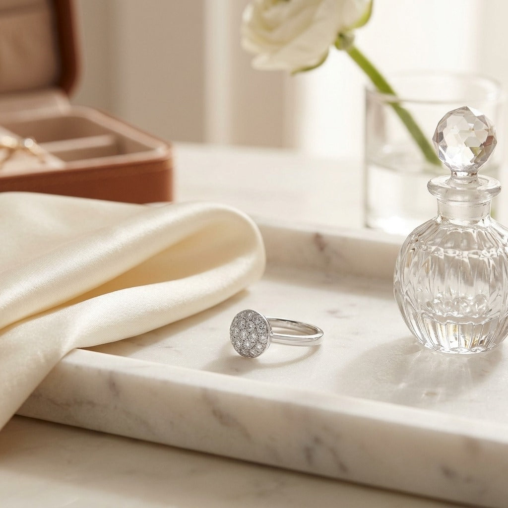 Diamond Domed Puff Pave Ring With High Polish Shank In 18k White Gold — marble silk