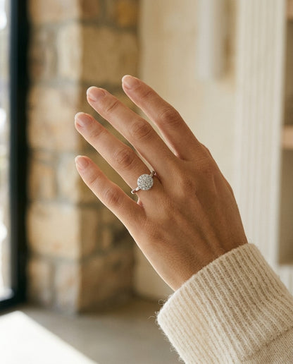 Diamond Domed Puff Pave Ring With High Polish Shank In 18k White Gold — portrait close
