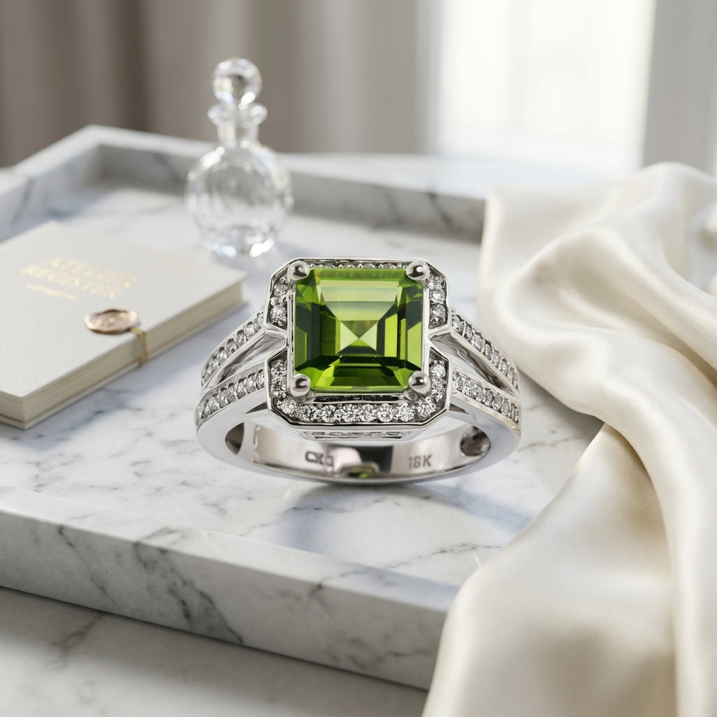 Peridot Emerald Cut And Diamond Ring In 18k White Gold (3/8 Ct. Tw.) — atelier still life