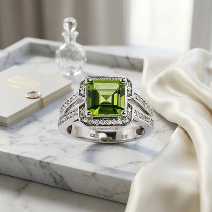 Peridot Emerald Cut And Diamond Ring In 18k White Gold (3/8 Ct. Tw.) — atelier still life