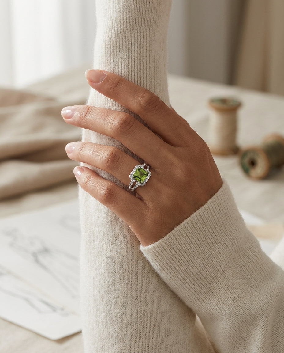 Peridot Emerald Cut And Diamond Ring In 18k White Gold (3/8 Ct. Tw.) — editorial close-up