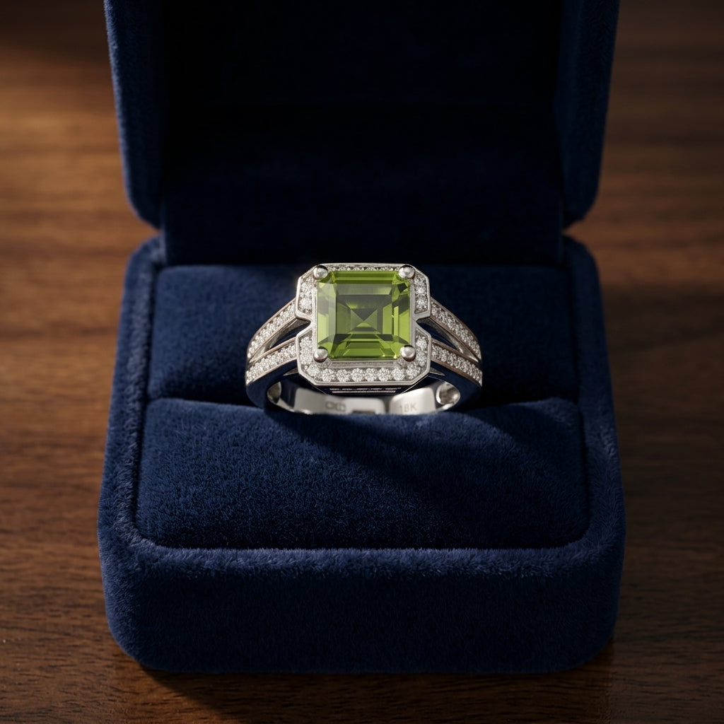 Peridot Emerald Cut And Diamond Ring In 18k White Gold (3/8 Ct. Tw.) — gift presentation
