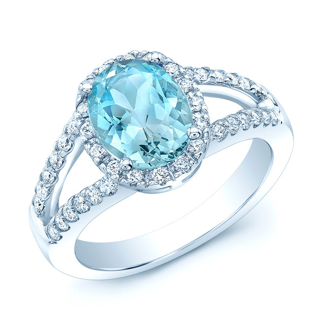 Aquamarine And Diamond Ring In 14k White Gold