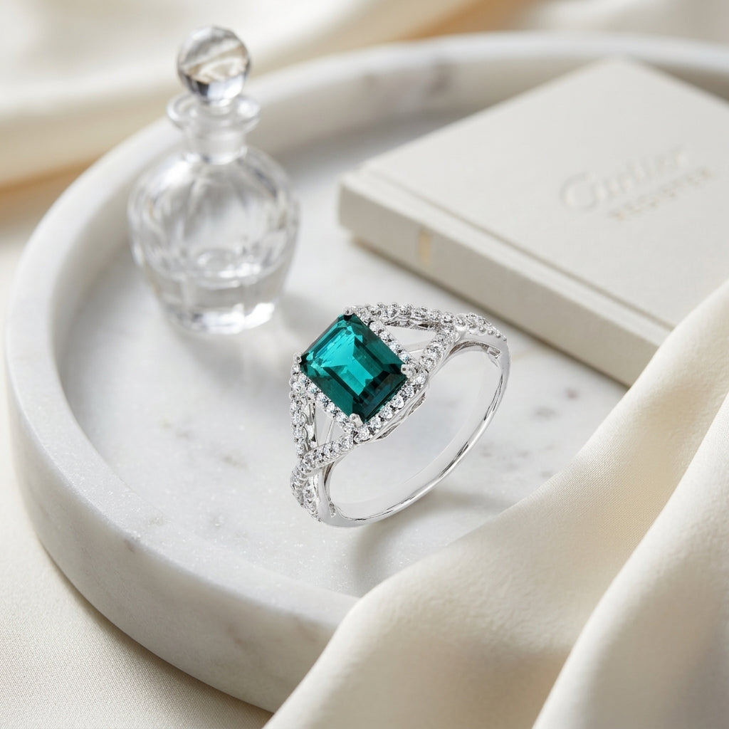 Created Emerald And Diamond Infinity Twist Ring In 18k White Gold — atelier still life
