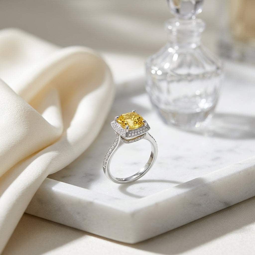 Yellow Sapphire Cushion And Pave Diamond Ring In 18k White Gold (1/2 Ct. Tw.) — atelier still life