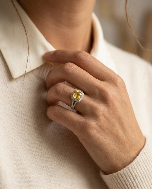 Yellow Sapphire Cushion And Pave Diamond Ring In 18k White Gold (1/2 Ct. Tw.) — editorial close-up