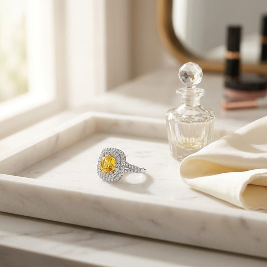 Yellow Sapphire Cushion and Diamond Ring 18k White Gold — marble silk
