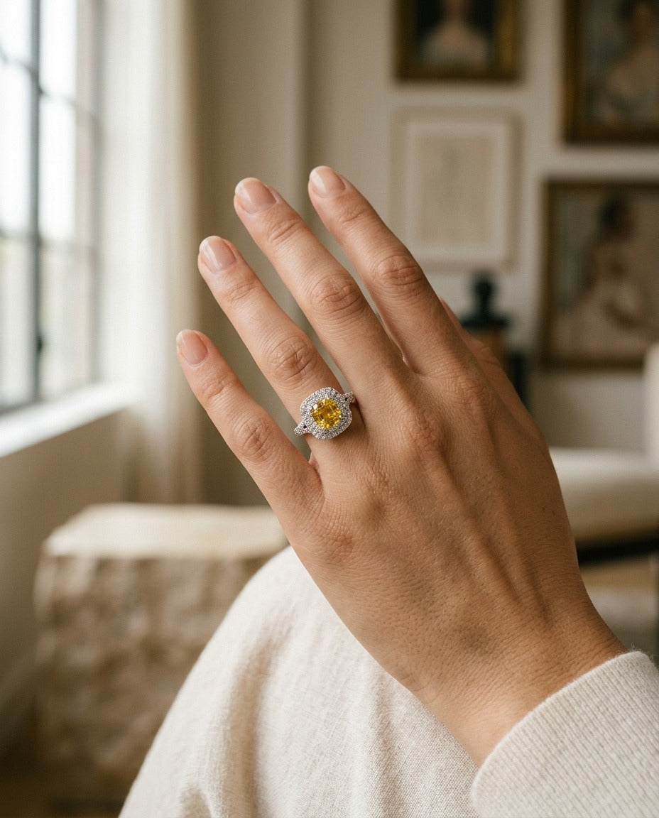 Yellow Sapphire Cushion and Diamond Ring 18k White Gold — portrait close