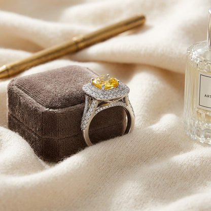 Yellow Sapphire Cushion and Diamond Ring 18k White Gold — textile flat lay