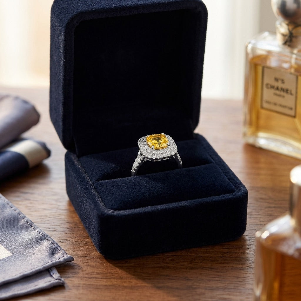 Yellow Sapphire Cushion and Diamond Ring 18k White Gold — velvet box
