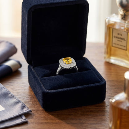 Yellow Sapphire Cushion and Diamond Ring 18k White Gold — velvet box