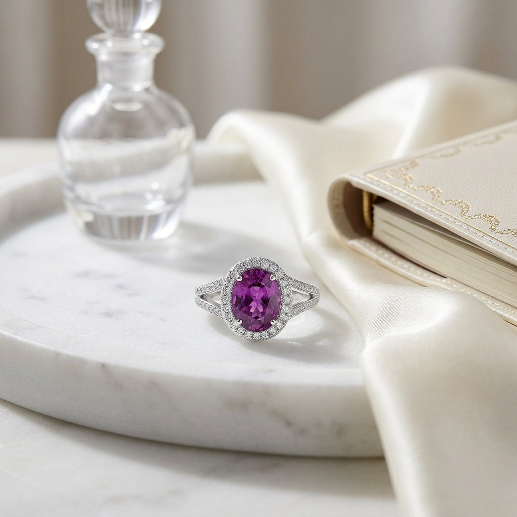 Pink Sapphire Ring With Pave Diamond Halo & Split Shank In 18k White Gold — atelier still life