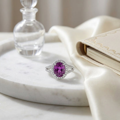 Pink Sapphire Ring With Pave Diamond Halo & Split Shank In 18k White Gold — atelier still life