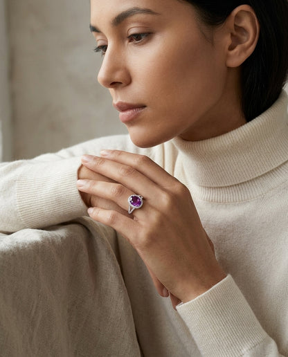 Pink Sapphire Ring With Pave Diamond Halo & Split Shank In 18k White Gold — editorial close-up