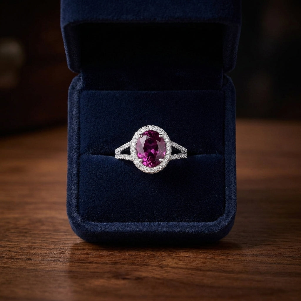 Pink Sapphire Ring With Pave Diamond Halo & Split Shank In 18k White Gold — gift presentation