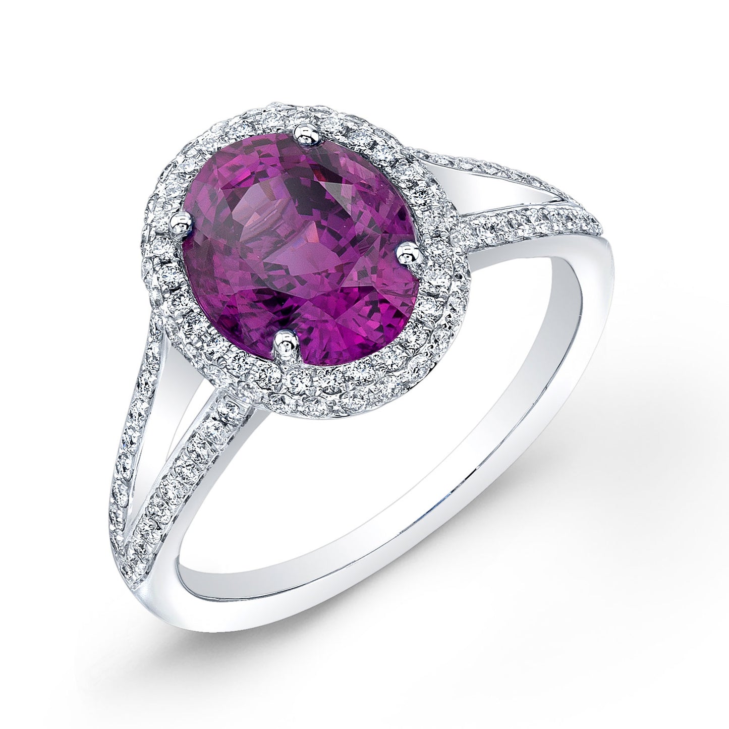 Pink Sapphire Ring With Pave Diamond Halo & Split Shank In 18k White Gold