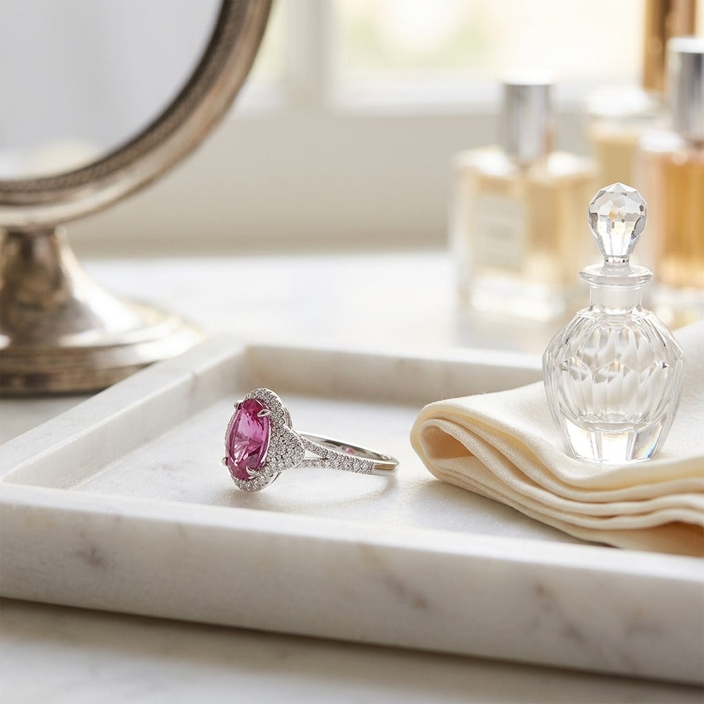 Pink Sapphire Oval and Diamond Ring in 18k White Gold — marble silk