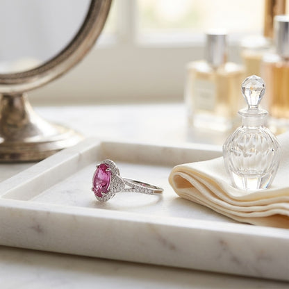 Pink Sapphire Oval and Diamond Ring in 18k White Gold — marble silk