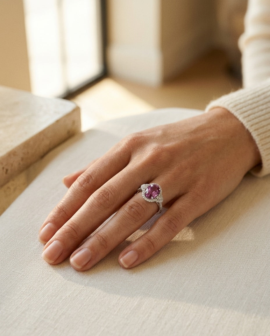 Pink Sapphire Oval and Diamond Ring in 18k White Gold — portrait close