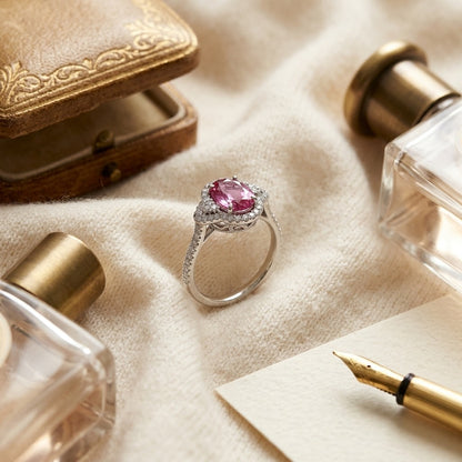 Pink Sapphire Oval and Diamond Ring in 18k White Gold — textile flat lay