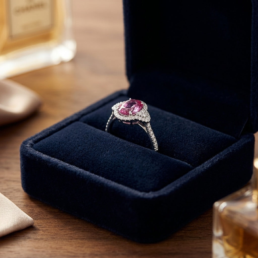 Pink Sapphire Oval and Diamond Ring in 18k White Gold — velvet box
