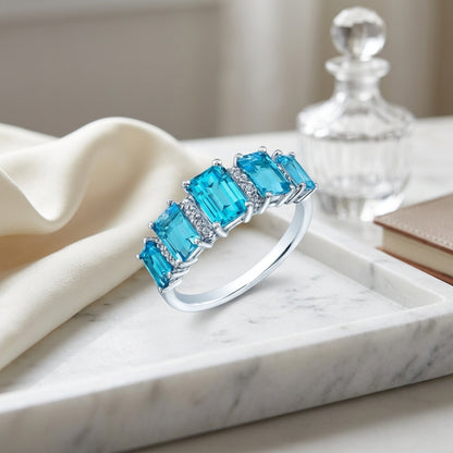 Swiss Blue Topaz 5 Stone & Diamond Emerald Cut Ring In 18k White Gold — atelier still life