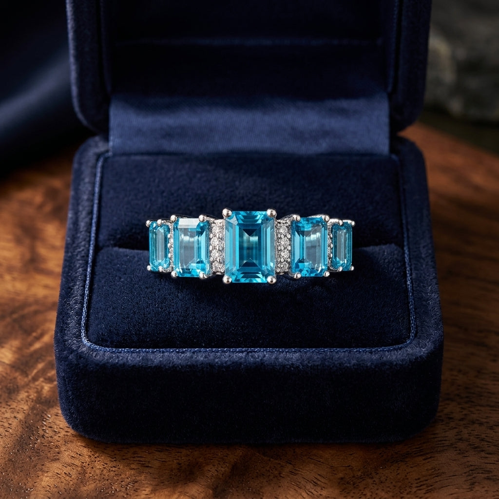 Swiss Blue Topaz 5 Stone & Diamond Emerald Cut Ring In 18k White Gold — gift presentation