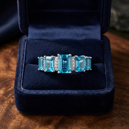 Swiss Blue Topaz 5 Stone & Diamond Emerald Cut Ring In 18k White Gold — gift presentation
