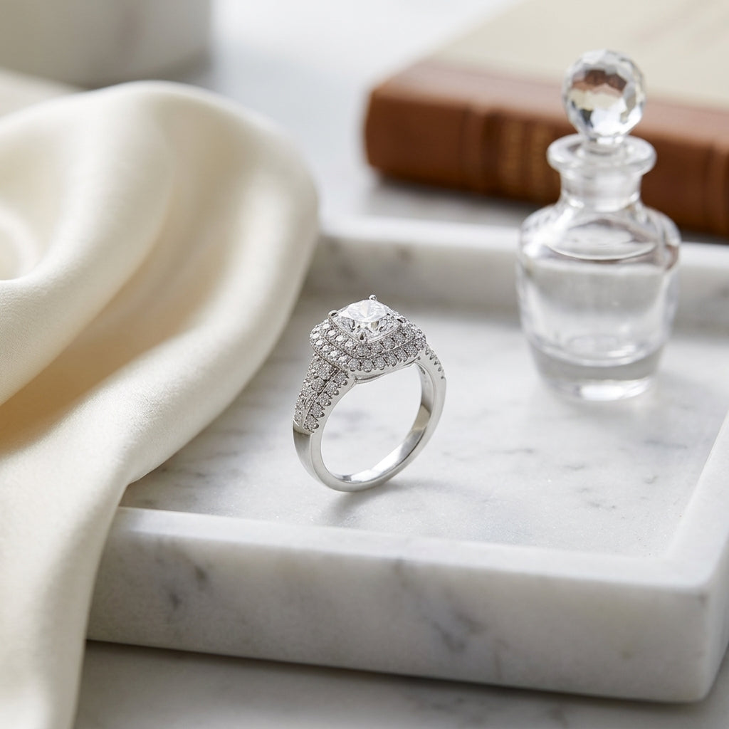 Semi Mount Double Halo Cushion Cut Engagement Ring In 18 Karat White Gold — atelier still life
