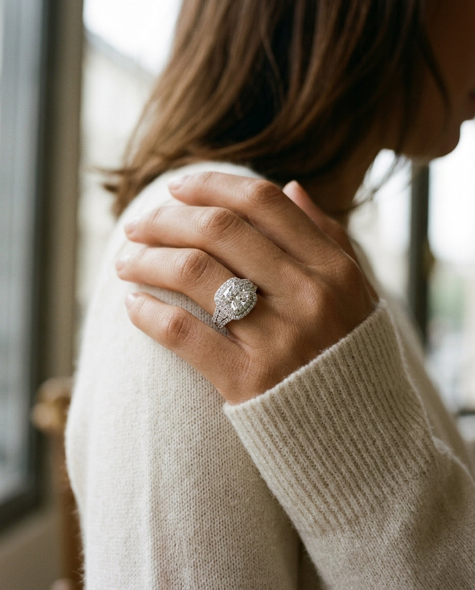 Semi Mount Double Halo Cushion Cut Engagement Ring In 18 Karat White Gold — editorial close-up