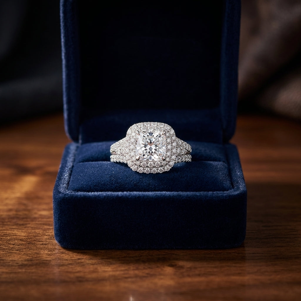 Semi Mount Double Halo Cushion Cut Engagement Ring In 18 Karat White Gold — gift presentation