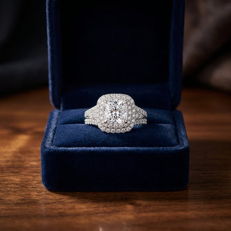 Semi Mount Double Halo Cushion Cut Engagement Ring In 18 Karat White Gold — gift presentation