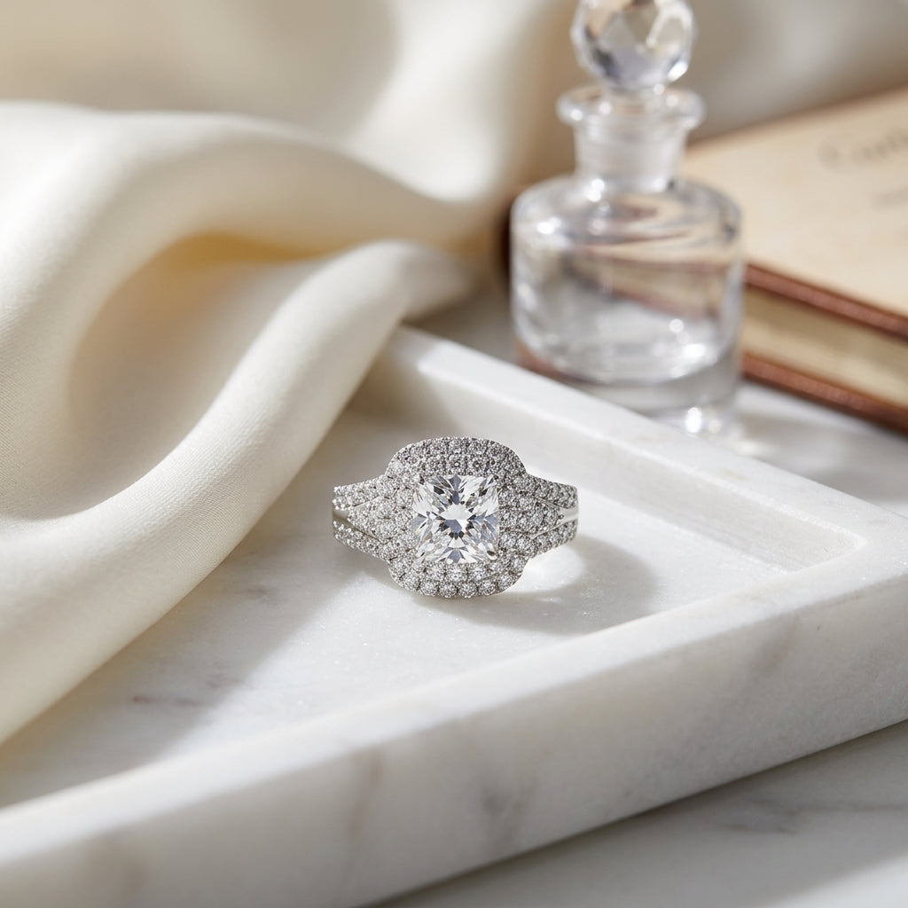 Prong Set Double Halo Cushion Cut Engagement Ring In 18 Karat White Gold — atelier still life