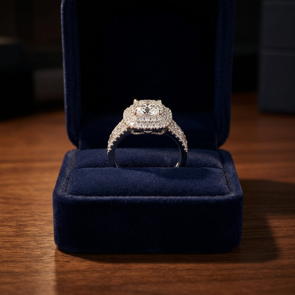 Prong Set Double Halo Cushion Cut Engagement Ring In 18 Karat White Gold — gift presentation