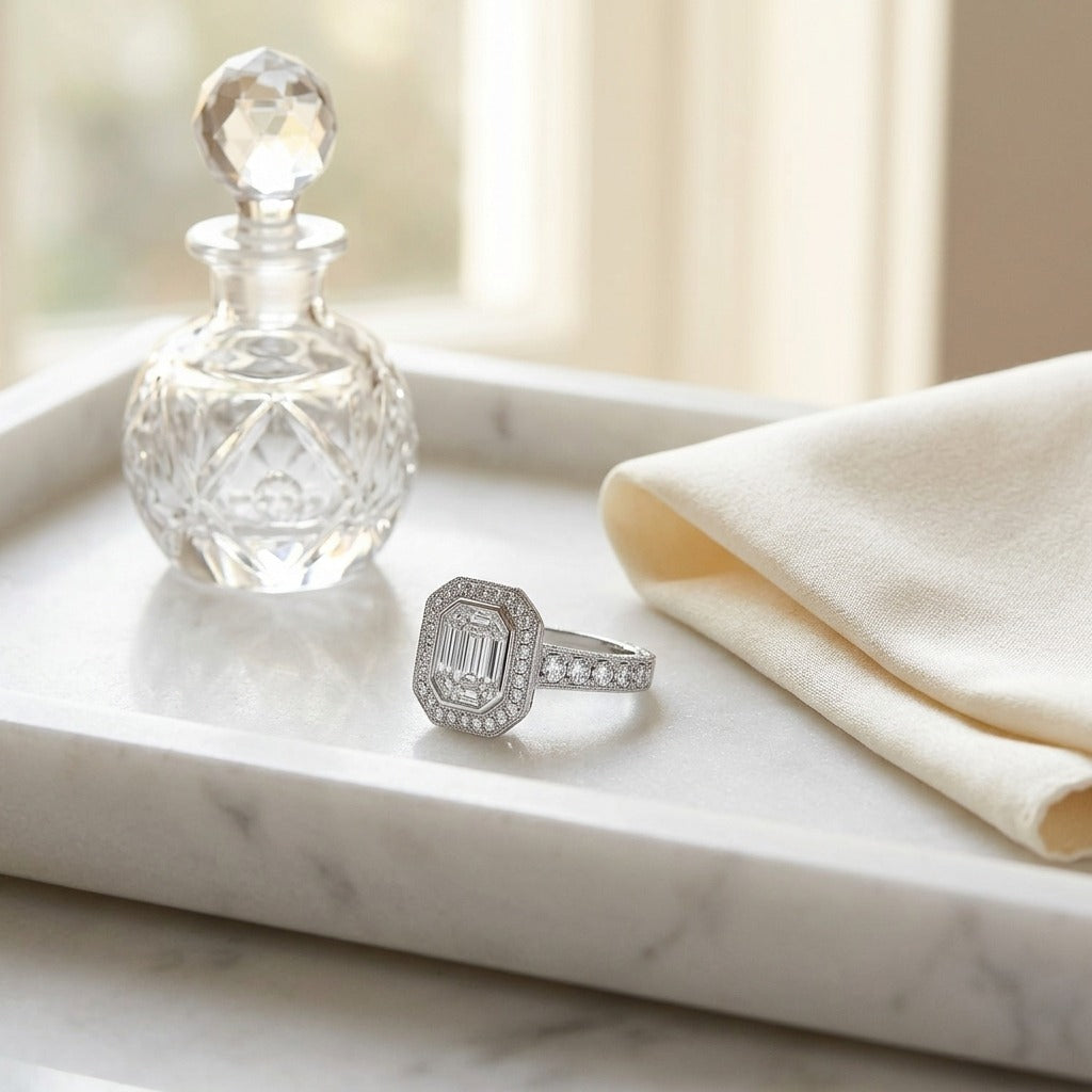 Diamond Emerald Cut Composite Ring In 18k White Gold — marble silk