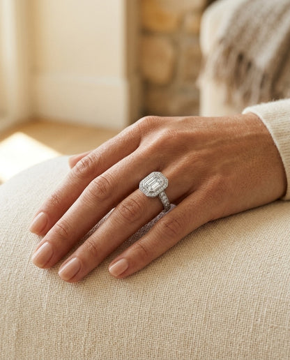 Diamond Emerald Cut Composite Ring In 18k White Gold — portrait close