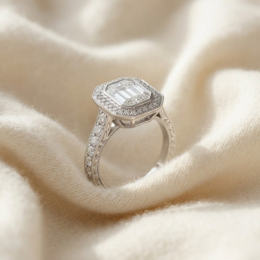 Diamond Emerald Cut Composite Ring In 18k White Gold — textile flat lay
