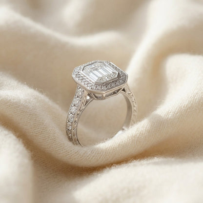 Diamond Emerald Cut Composite Ring In 18k White Gold — textile flat lay