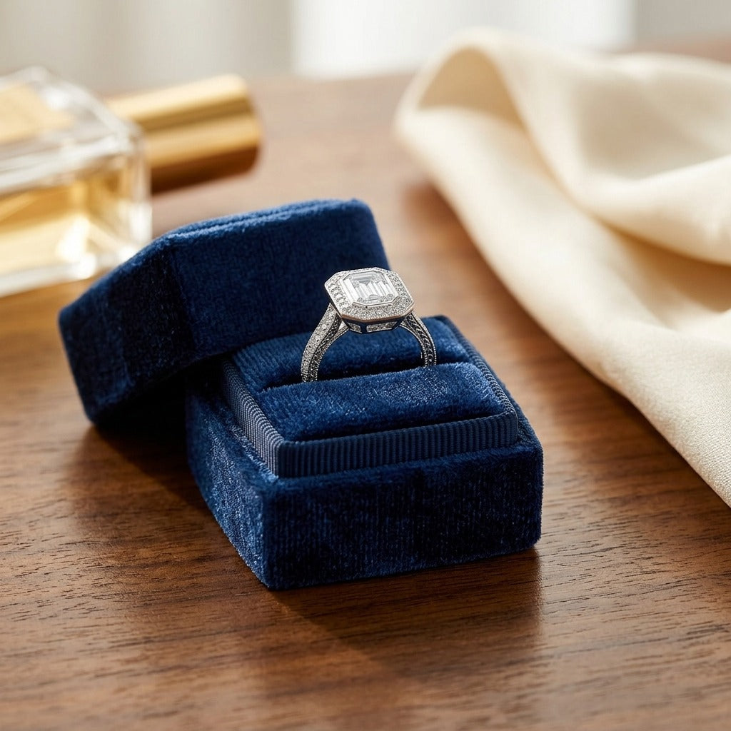 Diamond Emerald Cut Composite Ring In 18k White Gold — velvet box