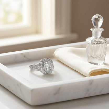 Diamond Composite Asscher Center Ring In 18k White Gold — marble silk