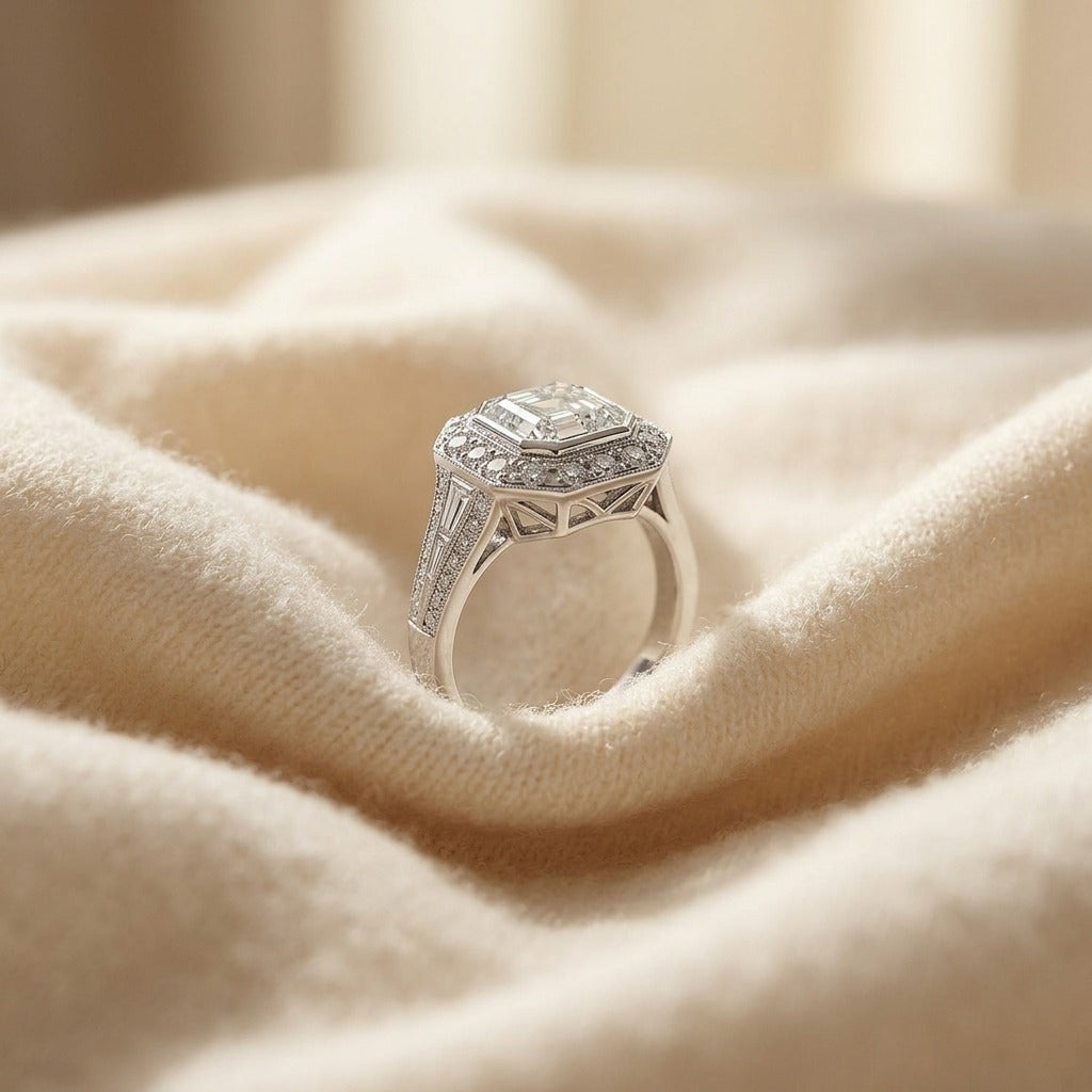Diamond Composite Asscher Center Ring In 18k White Gold — textile flat lay