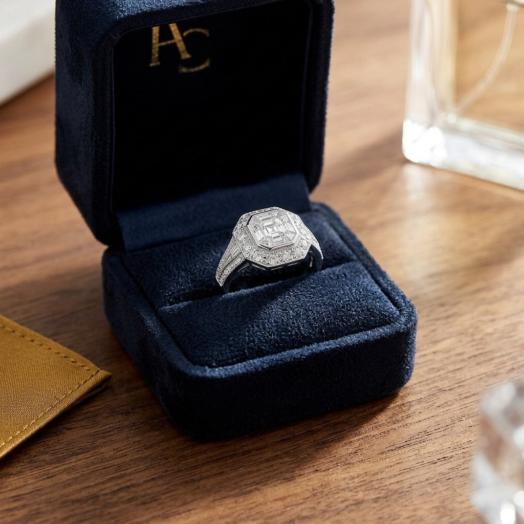 Diamond Composite Asscher Center Ring In 18k White Gold — velvet box