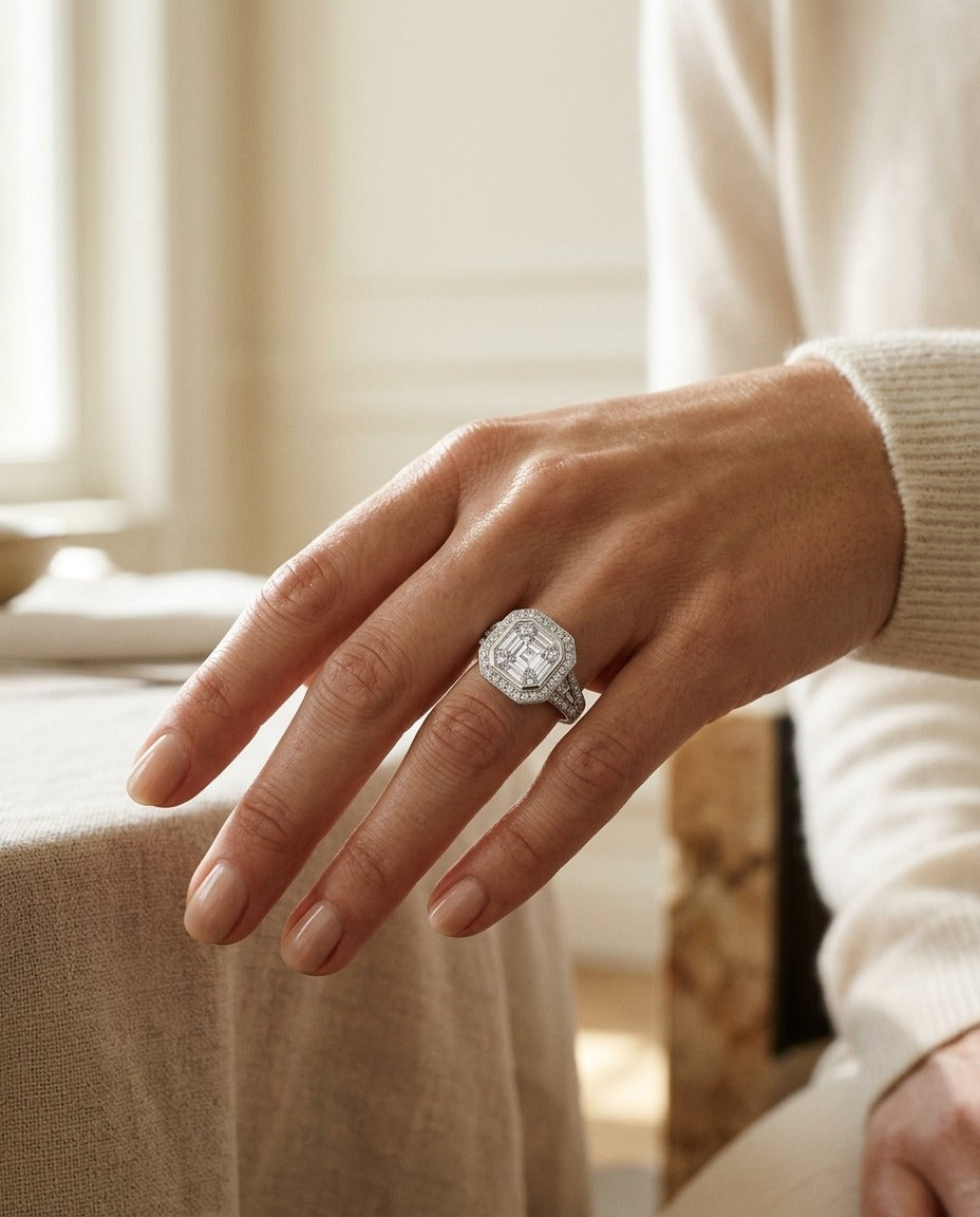 Diamond Asscher Cut Composite Ring In 18k White Gold — portrait close