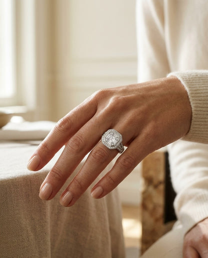 Diamond Asscher Cut Composite Ring In 18k White Gold — portrait close
