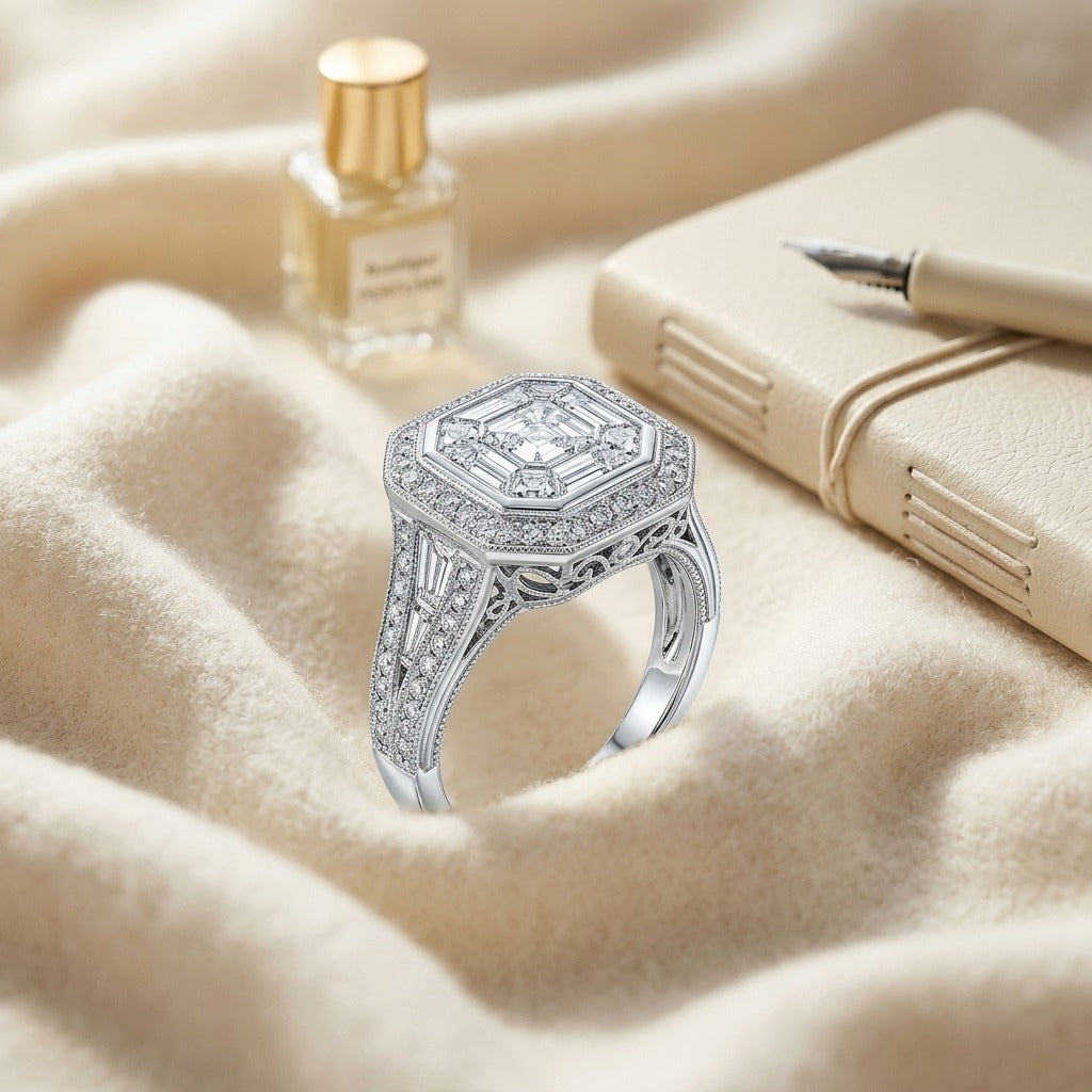 Diamond Asscher Cut Composite Ring In 18k White Gold — textile flat lay