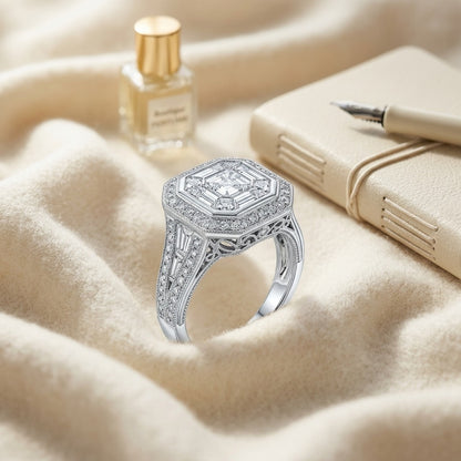 Diamond Asscher Cut Composite Ring In 18k White Gold — textile flat lay