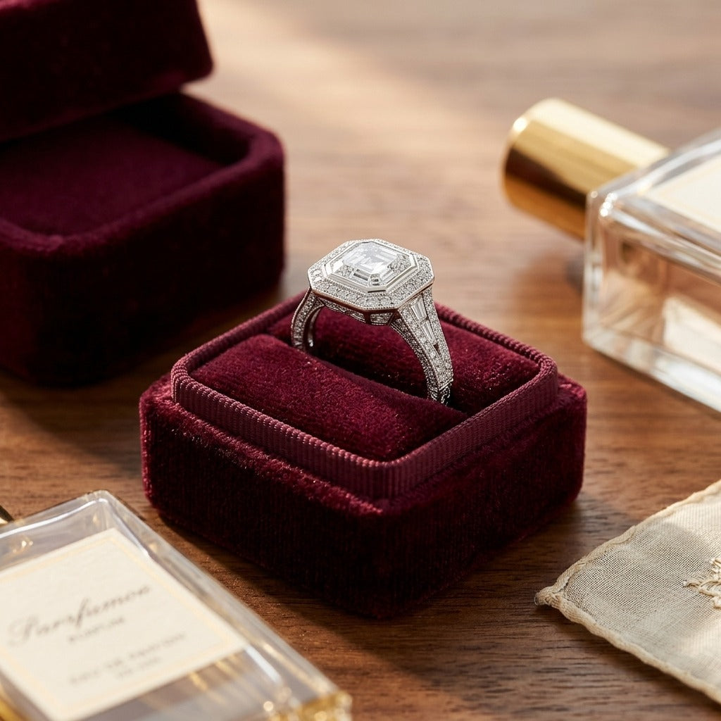 Diamond Asscher Cut Composite Ring In 18k White Gold — velvet box
