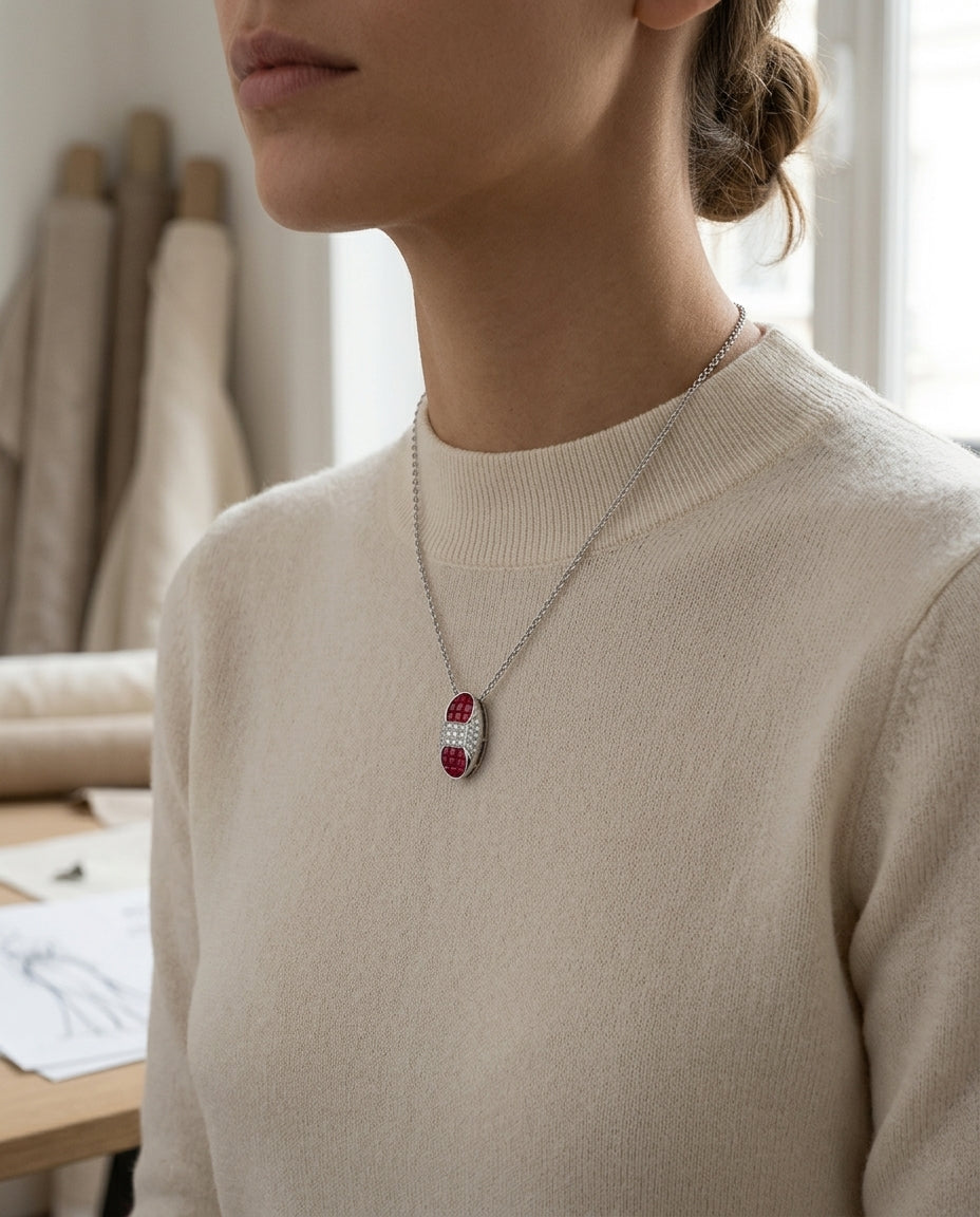 Ruby And Diamond Capsule Pendant In 18k White Gold (16-in Cable Chain) — editorial close-up