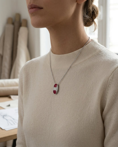 Ruby And Diamond Capsule Pendant In 18k White Gold (16-in Cable Chain) — editorial close-up